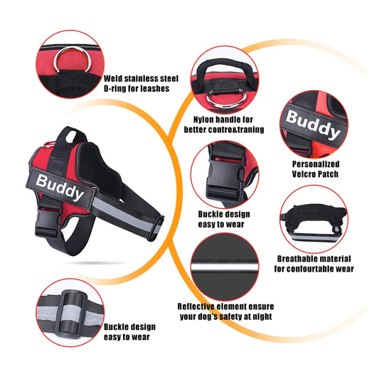 No-Pull Reflective Dog Harness Vest — Breathable, Adjustable with Custom ID Patch, Outdoor Walking