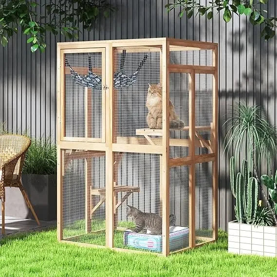 Outdoor Catio Cat Enclosure with Hammock — Pinewood & Wire Mesh, 39x33x64"